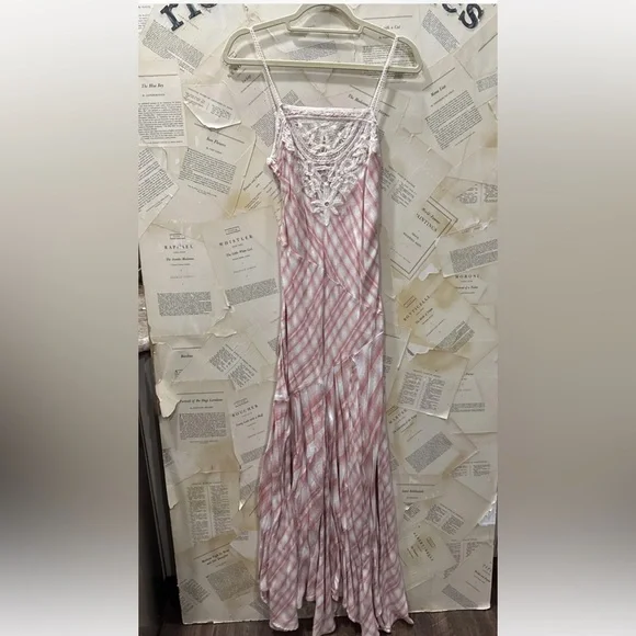Free People Piper Plaid Maxi Dress Crochet Detail Tiered Hemline Blush Ivory